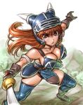  1girl amania_orz armlet armor bare_shoulders blue_armor breasts brown_eyes brown_gloves brown_hair cleavage daisy_(dq) dragon_quest dragon_quest_yuusha_abel_densetsu fake_horns gloves helmet horned_helmet horns long_hair looking_at_viewer solo sword thighhighs weapon 