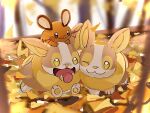  :3 anzu_(01010611) blurry closed_mouth day dedenne fangs green_eyes highres leaves_in_wind no_humans open_mouth outdoors pokemon pokemon_(creature) smile symbol-only_commentary tongue tongue_out yamper 