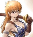  1girl amania_orz armlet armor blue_armor breasts brown_eyes brown_gloves brown_hair cleavage closed_mouth daisy_(dq) dragon_quest dragon_quest_yuusha_abel_densetsu gloves long_hair looking_at_viewer simple_background solo sword weapon 