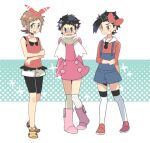  3boys bike_shorts bike_shorts_under_shorts black_hair boots bow_hairband brendan_(pokemon) brown_eyes brown_hair buttons closed_mouth coat commentary_request cosplay crossdressing dawn_(pokemon) dawn_(pokemon)_(cosplay) ethan_(pokemon) full_body hairband lowres lucas_(pokemon) lyra_(pokemon) lyra_(pokemon)_(cosplay) male_focus may_(pokemon) may_(pokemon)_(cosplay) multiple_boys over-kneehighs overalls pigeon-toed pokemon pokemon_(game) pokemon_dppt pokemon_hgss pokemon_oras pokemon_platinum red_footwear scarf shirt shoes short_hair shorts sleeveless sleeveless_shirt sleeves_past_elbows spiked_hair standing thighhighs white_legwear white_scarf white_shorts xichii yellow_footwear 