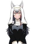  1girl admiralkukichi animal_ear_fluff animal_ears bangs black_hair closed_mouth crossed_bangs dated ears_through_headwear eyebrows_visible_through_hair flipped_hair habit hair_between_eyes hair_ornament hairclip highres hololive long_hair looking_at_viewer multicolored_hair nun ookami_mio red_hair sidelocks signature simple_background smile solo streaked_hair very_long_hair virtual_youtuber white_background wide-eyed wolf_ears wolf_girl yellow_eyes 