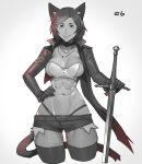  1girl abs absurdres animal_ear_fluff animal_ears breasts cat_ears cat_girl cat_tail cowboy_shot cropped_legs eyebrows_visible_through_hair gloves greatsword grey_background greyscale hand_on_hip highres less long_sleeves looking_at_viewer medium_breasts monochrome navel original short_hair short_shorts shorts simple_background smile solo standing sword tail thighhighs weapon 