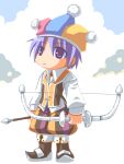  1boy arrow_(projectile) baggy_pants bangs blue_headwear boots bow bow_(weapon) brown_footwear brown_pants brown_vest chibi closed_mouth clown_(ragnarok_online) collared_shirt commentary_request expressionless eyebrows_visible_through_hair eyes_visible_through_hair full_body hair_between_eyes hat holding holding_arrow holding_bow_(weapon) holding_weapon jester_cap looking_at_viewer male_focus multicolored_clothes multicolored_headwear pants pink_headwear purple_eyes ragnarok_online sakakura_(sariri) shirt short_hair solo standing vest weapon white_background white_shirt yellow_bow 
