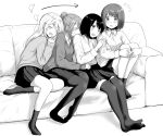  4girls :d ;d arm_grab arrow_(symbol) bangs betock bob_cut breasts buttons closed_eyes commentary couch drooling eyebrows_visible_through_hair girl_sandwich greyscale hand_on_knees harem highres incest knees_to_chest knees_up leaning_on_person long_hair medium_hair monochrome multiple_girls no_shoes one_eye_closed open_mouth original pantyhose ponytail sandwiched school_uniform siblings sisters sitting skirt sleeping sleeping_on_person small_breasts smile socks sweatdrop sweater thighhighs yuri zettai_ryouiki 