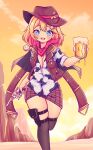  1girl :d alcohol animal_print aya_chan1221 bangs beer beer_mug black_legwear blonde_hair blue_eyes breasts brown_vest cleavage cliff cloud cloudy_sky commentary cow_print cowboy_hat cowboy_western cup dessert dual_wielding english_commentary eyebrows_visible_through_hair food gun hair_between_eyes hair_ornament handgun hat highres holding holding_cup holding_gun holding_weapon hololive hololive_english holster jewelry looking_at_viewer mug necklace open_mouth pencil_skirt plaid plaid_skirt pocket_watch red_scarf scarf shirt short_hair sidelocks skirt sky sleeves_folded_up smile solo standing standing_on_one_leg thigh_holster thighhighs trigger_discipline vest vest_over_shirt virtual_youtuber watch watson_amelia weapon yellow_sky zettai_ryouiki 