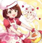  1girl :d alcremie alcremie_(strawberry_sweet) apron bangs blush brown_eyes brown_hair cake cosplay cream dawn_(pokemon) dawn_(pokemon)_(cosplay) dress eyebrows_visible_through_hair food frilled_apron frills fruit gloria_(pokemon) haru_(haruxxe) highres holding holding_plate looking_at_viewer medium_hair open_mouth oven_mitts pink_apron pink_dress plate pokemon pokemon_(creature) pokemon_(game) pokemon_masters_ex pokemon_swsh puffy_short_sleeves puffy_sleeves short_sleeves smile strawberry swept_bangs white_headwear 