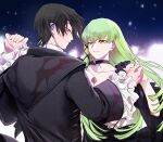  1boy 1girl 2021 absurdres bangs black_choker black_dress black_hair black_ribbon c.c. choker code_geass collarbone couple dancing dated dress eyebrows_visible_through_hair floating_hair green_hair grin hair_between_eyes hair_ribbon hetero highres holding_hands lelouch_lamperouge long_hair long_sleeves noppo red_eyes ribbon short_hair signature smile upper_body very_long_hair yellow_eyes 