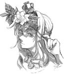  1girl bangs braid closed_mouth commentary crown flower french_braid gardenia_(flower) greyscale hair_between_eyes holding holding_flower jewelry kantai_collection leaf long_hair looking_at_viewer mini_crown monochrome necklace portrait signature simple_background solo warspite_(kancolle) yamada_rei_(rou) 