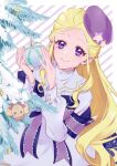  1girl absurdres blonde_hair christmas_tree closed_mouth diagonal_stripes fuurin_asumi hat_ornament healin&#039;_good_precure highres holding latte_(precure) long_hair looking_at_viewer precure purple_eyes purple_headwear shiny shiny_hair shipu_(gassyumaron) smile solo star_(symbol) star_hat_ornament striped striped_background very_long_hair 