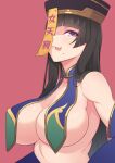  1girl bangs black_hair blunt_bangs blush breast_curtains breasts cleavage closed_mouth collarbone dead_or_alive hime_cut jiangshi konishiki_(52siki) large_breasts long_hair looking_at_viewer mole mole_under_mouth nyotengu pink_hair purple_eyes simple_background smile solo tongue upper_body 