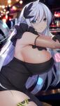  1girl armpits bangs bare_shoulders black_dress black_gloves blue_eyes blurry blush breasts cecilia_schariac clip_studio_paint_(medium) commentary depth_of_field dress english_commentary feather_hair_ornament feathers from_side garter_belt gloves hair_between_eyes hair_ornament highres honkai_(series) honkai_impact_3rd huge_breasts long_hair looking_at_viewer parted_lips sheita sideboob silver_hair smile solo sweat thigh_strap 