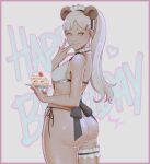  1girl animal_ears bangs bear_ears bikini border breasts cake cake_slice commentary_request cowboy_shot extra_ears food from_behind grey_eyes happy_birthday heart highres holding holding_plate kumanz long_hair maid_bikini maid_headdress original pink_border plate ponytail side-tie_bikini small_breasts solo swimsuit thong_bikini white_background white_bikini white_hair 