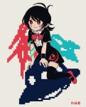  1girl asymmetrical_wings black_dress black_hair black_legwear blue_wings blush bow bowtie buttons center_frills dress frilled_dress frills houjuu_nue mary_janes pixelated pointy_ears red_bow red_bowtie red_eyes red_footwear red_wings shoes short_dress short_hair short_sleeves simple_background smile snake thighhighs touhou ufo white_background wings wristband you_taira 
