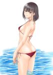  1girl absurdres ass bangs bikini black_hair breasts brown_eyes butt_crack commentary eyebrows_visible_through_hair from_behind halterneck highres looking_at_viewer muffin_(sirumeria) original red_bikini short_hair side-tie_bikini small_breasts solo standing string_bikini swimsuit 