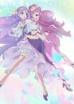  2girls :d :o absurdres anklet back-to-back bangs bare_legs blue_eyes circlet cure_earth cure_grace dress earrings elbow_gloves eyelashes floating_hair flower fuurin_asumi gloves hair_flower hair_ornament hanadera_nodoka healin&#039;_good_precure highres jewelry layered_skirt long_hair miniskirt multiple_girls open_mouth pink_eyes precure pumps purple_footwear purple_hair red_hair shiny shiny_hair shipu_(gassyumaron) skirt skirt_under_dress smile swept_bangs thighlet very_long_hair white_footwear white_gloves white_skirt yellow_flower 