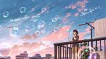  1girl absurdres air_conditioner bangs black_hair black_shirt bubble bubble_blowing building cloud cloudy_sky commentary_request evening highres original outdoors rooftop scenery shirt short_hair shorts shurock sky solo sunset yellow_shorts 