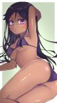  1girl arm_up armpits ass bangs bare_shoulders bikini black_hair breasts commentary_request dark-skinned_female dark_skin glasses hachusan111 highres large_breasts livia_medeiros looking_at_viewer magia_record:_mahou_shoujo_madoka_magica_gaiden mahou_shoujo_madoka_magica purple_bikini purple_eyes solo swimsuit 