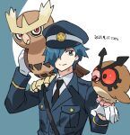  1boy aqua_eyes aqua_hair bangs bird black_jacket black_necktie breast_pocket closed_mouth collared_shirt commentary_request dated evolutionary_line falkner_(pokemon) hair_over_one_eye hands_up hoothoot jacket long_sleeves male_focus necktie nibo_(att_130) noctowl on_shoulder owl pocket pokemon pokemon_(creature) pokemon_adventures pokemon_on_shoulder shirt short_hair smile split_mouth white_shirt 