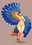  1girl abs absurdres animal_feet arm_behind_head bird_tail blue_feathers blue_hair blue_wings blush breasts brown_background commentary english_commentary eyebrows_visible_through_hair feather_hair feathered_wings feathers female_pubic_hair gammatelier gradient_hair green_hair hand_on_hip harpy highres large_breasts monster_girl multicolored_hair nipples nude orange_feathers original pointy_ears pubic_hair pussy red_eyes simple_background smile solo standing standing_on_one_leg tail tail_feathers talons wings 