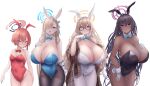  4girls akane_(blue_archive) alternate_breast_size animal_ears asuna_(blue_archive) asymmetrical_bangs bangs bare_shoulders black_hair black_leotard blue_archive blue_bow blue_bowtie blue_leotard blush bow bowtie breasts cleavage collarbone cowboy_shot dark-skinned_female dark_skin detached_collar elbow_gloves fake_animal_ears fishnet_legwear fishnets glasses gloves green_eyes green_hair grin hair_between_eyes hair_over_one_eye halo hand_on_breast hand_on_own_chest hand_up highres huge_breasts karin_(blue_archive) large_breasts leaning_forward leotard light_brown_hair long_hair looking_at_viewer messy_hair mole mole_on_breast mole_under_eye multiple_girls neru_(blue_archive) pantyhose parted_lips plaid plaid_scarf playboy_bunny plump rabbit_ears red_hair red_leotard scarf sidelocks simple_background sleeve_cuffs sleeveless smile standing thigh_gap thighband_pantyhose thighs white_background white_gloves white_legwear white_leotard yellow_eyes yuuki_shuri 