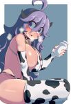  1girl @_@ absurdres alternate_breast_size animal_print bell bikini bottle breasts cow cow_girl cow_horns cow_print cowbell hex_maniac_(pokemon) highres horns large_breasts lucyfer messy_hair milk_bottle moomoo_milk pokemon pokemon_(game) pokemon_xy solo swimsuit 