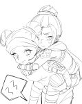  2girls apex_legends carrying chibi clenched_hands double_bun embarrassed greyscale hair_behind_ear hair_bun headband highres lifeline_(apex_legends) looking_back monochrome multiple_girls niyamu piggyback scarf sketch smile speech_bubble sweatdrop white_background wraith_(apex_legends) 