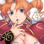  1girl absurdres breasts cleavage closed_mouth earrings grandia grandia_ii green_eyes hamagurihime highres jewelry long_hair looking_at_viewer millenia_(grandia) nail_polish orange_hair simple_background smile solo white_background 