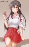  1girl akagi_(kancolle) anti_(untea9) brown_background brown_eyes brown_hair cellphone gradient gradient_background hair_between_eyes hakama hakama_short_skirt hakama_skirt highres hip_vent holding holding_phone japanese_clothes kantai_collection long_hair looking_at_viewer phone red_hakama sitting skirt smartphone smile solo straight_hair tasuki twitter_username 