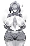  ... 1girl alternate_breast_size bangs belt blush breasts breasts_outside closed_mouth collared_shirt commentary curvy exabyte_(parallax05) flashing gloves greyscale hair_between_eyes heart highres huge_breasts kemono_friends legwear_under_shorts long_hair looking_at_viewer monochrome multicolored_hair navel necktie nipples no_bra no_tail nose_blush open_clothes open_shirt pantyhose shiny shiny_skin shirt shoebill_(kemono_friends) shorts sidelocks simple_background solo sound_effects stomach thigh_gap toned white_background wing_collar 