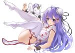  1girl :o absurdres azur_lane breasts china_dress chinese_clothes dress eyebrows_visible_through_hair full_body hair_ornament hairclip hand_on_floor highres long_hair looking_at_viewer looking_to_the_side lying no_shoes official_alternate_costume on_back open_mouth purple_eyes purple_hair solo thighhighs thighs unicorn unicorn_(azur_lane) unicorn_(the_gift_of_spring)_(azur_lane) white_background white_dress white_legwear zyousha333 