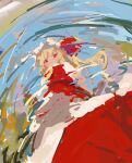  1girl :&lt; arm_at_side ascot bangs blonde_hair closed_mouth expressionless female_pov flandre_scarlet from_below from_side hat hat_ribbon highres impressionism long_hair looking_at_viewer looking_down no_lineart outdoors petticoat pov puddle red_eyes red_ribbon red_skirt red_vest reddizen reflection reflective_water ribbon ripples short_sleeves side_ponytail skirt skirt_set solo standing touhou upskirt vest water white_headwear yellow_ascot 