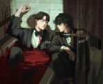  2boys absurdres bathtub black_hair blood bow bowtie cho_sang-woo cigarette formal highres holding holding_cigarette holding_knife knife looking_at_another male_focus multiple_boys seong_gi-hun smoking squid_game suit thisuserisalive 