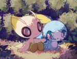  blue_eyes bright_pupils celebi closed_mouth comforting commentary_request leels no_humans pokemon pokemon_(creature) sitting smile sobble tearing_up white_pupils 