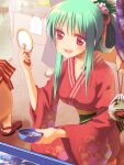  1girl 4others azpainter_(medium) bangs blush bowl breasts commentary_request eyebrows_visible_through_hair fish folded_ponytail full_body goldfish goldfish_scooping green_hair highres holding holding_bowl japanese_clothes kimono long_hair looking_at_viewer medium_breasts multiple_others mypaint_(medium) open_mouth original red_eyes red_kimono sakakura_(sariri) sidelocks smile solo_focus squatting water yukata 