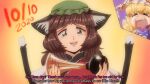  1990s_(style) 2girls animal_ear_fluff animal_ears bangs blunt_bangs brown_eyes brown_hair cat_ears cat_tail chen closed_eyes crying dated earrings english_commentary eyebrows_visible_through_hair fangs fingernails foul_detective_satori fox_tail furrowed_brow green_headwear hat highres japanese_clothes jewelry medium_hair mob_cap multiple_girls multiple_tails nail_polish nekomata open_mouth orange_background red_nails retro_artstyle sharp_fingernails sidelocks simple_background single_earring step_arts streaming_tears tail tears teeth touhou two_tails upper_body upper_teeth yakumo_ran 