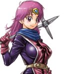  1girl amania_orz belt breasts circlet closed_mouth dragon_quest dragon_quest_dai_no_daibouken gloves large_breasts long_hair looking_at_viewer maam pink_eyes pink_hair simple_background smile solo weapon white_background 
