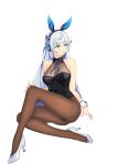  1girl absurdres animal_ears black_leotard blue_eyes blue_nails breasts brown_legwear fake_animal_ears guam_(warship_girls_r) headphones high_heels highleg highleg_leotard highres leotard light_blue_hair long_hair medium_breasts pantyhose pixiv33907122 rabbit_ears simple_background solo very_long_hair warship_girls_r white_background white_footwear wrist_cuffs 