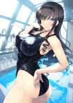  1girl amagami ass black_hair black_swimsuit blue_eyes breasts commentary_request commission cowboy_shot drill_hair hairband hassen_(8cm) indoors large_breasts long_hair looking_at_viewer morishima_haruka one_eye_closed pool pool_ladder rei_no_pool school_swimsuit skeb_commission solo swimsuit 