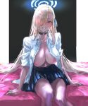  1girl arm_support asuna_(blue_archive) bed black_choker blonde_hair blue_archive blue_eyes blue_nails breasts choker cleavage collared_shirt hair_over_one_eye highres large_breasts long_hair looking_at_viewer miniskirt nipples open_clothes open_shirt osakana_(denpa_yun&#039;yun) pleated_skirt school_uniform shirt sitting skirt sleeves_rolled_up smile 