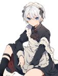  1boy apron ascot between_legs black_ascot black_dress black_legwear black_ribbon blue_eyes brooch closed_mouth crossdressing dress earclip earrings grey_hair hair_ribbon hand_between_legs highres ikeuchi_tanuma jewelry long_sleeves looking_at_viewer maid maid_apron maid_headdress male_focus original otoko_no_ko ribbon rudy_(ikeuchi_tanuma) simple_background sitting socks solo stud_earrings tsurime white_apron white_background 