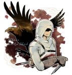  1boy altair_ibn_la-ahad animal arm_behind_back assassin&#039;s_creed assassin&#039;s_creed_(series) bird blood blood_on_weapon brown_gloves character_name commentary dagger eagle english_text fingerless_gloves gloves hidden_blade holding holding_dagger holding_weapon hood hood_up jacket knife long_sleeves male_focus outline sash shaded_face solo standing tatsuri_(forest_penguin) upper_body weapon white_jacket white_outline 