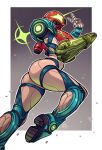  1girl absurdres arm_cannon armor ass full_body glowing helmet highres looking_at_viewer metroid metroid_dread power_armor ravenousruss samus_aran science_fiction simple_background solo v weapon 