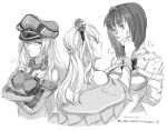  3girls =3 ark_royal_(kancolle) arms_behind_back bangs bismarck_(kancolle) bob_cut braid breasts closed_mouth commentary corset cropped_torso crossed_arms crown detached_sleeves dirty dirty_face dress french_braid greyscale hat kantai_collection long_hair military military_uniform mini_crown monochrome multiple_girls peaked_cap short_hair signature simple_background symbol-only_commentary tiara translation_request uniform upper_body warspite_(kancolle) wiping_face yamada_rei_(rou) 