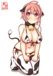  1girl ahoge alternate_costume animal_ears animal_print artist_logo bell bikini blue_hair breasts cleavage commentary_request covered_nipples cow_ears cow_horns cow_print cow_tail cowbell dated fake_animal_ears fake_horns gradient_hair hair_ornament horns i-58_(kancolle) kanon_(kurogane_knights) kantai_collection kneeling large_breasts looking_at_viewer lowleg lowleg_bikini micro_bikini multicolored_hair navel one-hour_drawing_challenge pink_hair red_eyes short_hair side-tie_bikini simple_background solo swimsuit tail thighhighs white_background white_bikini white_legwear 