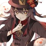  1girl :d bangs bead_bracelet beads bracelet brown_hair chinese_clothes commentary eyebrows_visible_through_hair finger_to_mouth flower genshin_impact ghost grin gyoju_(only_arme_nim) hair_between_eyes hand_on_hip hat hat_flower hat_ornament hu_tao_(genshin_impact) index_finger_raised jewelry korean_commentary long_hair long_sleeves looking_at_viewer open_mouth orange_eyes ring see-through sidelocks simple_background smile solo symbol-shaped_pupils twintails white_background wide_sleeves 