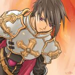  1boy armor bangs breastplate brown_hair cape chainmail closed_mouth commentary_request cross dutch_angle eyebrows_visible_through_hair frown gauntlets hair_between_eyes looking_at_viewer lord_knight_(ragnarok_online) lowres male_focus orange_background pauldrons pink_eyes ragnarok_online red_cape sakakura_(sariri) short_hair shoulder_armor signature solo tabard upper_body 