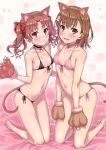  2girls animal_ears animal_hands bangs bare_shoulders barefoot bell bikini black_bikini blush bow breasts brown_eyes brown_hair cat_ears cat_paws cat_tail choker closed_mouth collarbone eyebrows_visible_through_hair fake_animal_ears flower front-tie_bikini front-tie_top hair_bow hair_flower hair_ornament hands_up isshi_pyuma jingle_bell kneeling looking_at_viewer medium_hair micro_bikini misaka_mikoto multiple_girls navel neck_bell open_mouth parted_bangs pink_bikini shirai_kuroko side-tie_bikini small_breasts smile swimsuit tail thighs toaru_kagaku_no_railgun toaru_majutsu_no_index twintails twitter_username wavy_hair white_background 