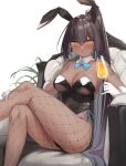  1girl absurdres animal_ears aqua_bow aqua_bowtie arm_tattoo armchair bangs black_hair black_leotard blue_archive blush bow bowtie breasts chair chizu_sasami cleavage closed_mouth commentary crossed_legs cup dark-skinned_female dark_skin detached_collar drinking_glass eyebrows_visible_through_hair fake_animal_ears feet_out_of_frame fishnet_legwear fishnets hair_between_eyes hand_on_own_leg highres holding holding_cup karin_(blue_archive) large_breasts leotard long_hair looking_at_viewer pantyhose playboy_bunny ponytail rabbit_ears simple_background sitting solo tattoo very_long_hair white_background yellow_eyes 
