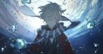  1boy bangs blonde_hair blue_scarf bubble closed_mouth faceless faceless_male genshin_impact grey_hair hair_between_eyes hair_over_eyes highres japanese_clothes kazuha&#039;s_friend_(genshin_impact) l!sten male_focus ocean scarf solo underwater water 