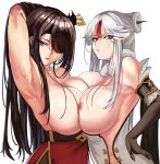  2girls absurdres arm_behind_head arm_up armpits bangs bare_shoulders beidou_(genshin_impact) black_gloves blush breast_press breasts brown_hair china_dress chinese_clothes dress elbow_gloves eyepatch fur_collar genshin_impact gloves hair_ornament hair_over_one_eye hairpin half_updo highres large_breasts long_hair looking_at_viewer loooyd multiple_girls ningguang_(genshin_impact) nipples parted_bangs red_dress red_eyepatch red_eyes sidelocks symmetrical_docking tassel white_dress white_hair 